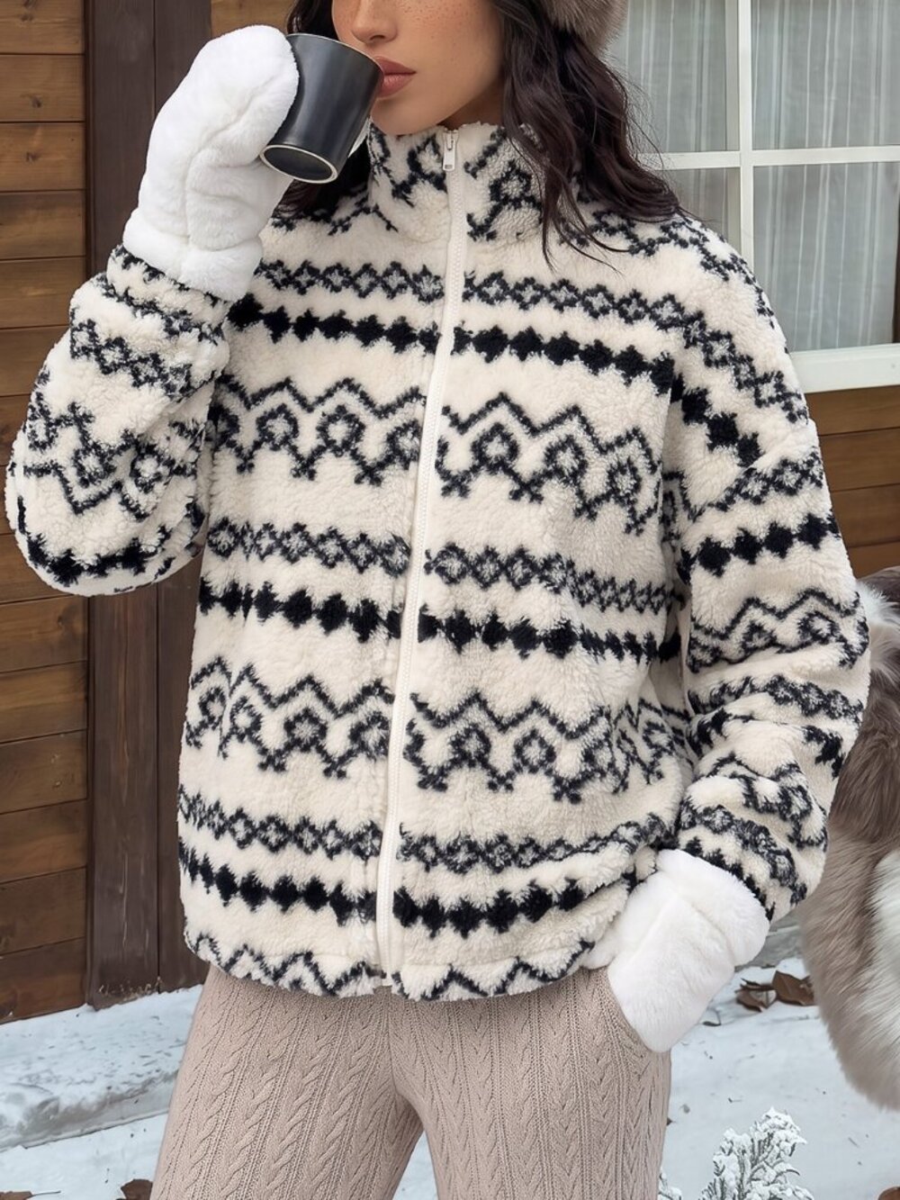 Apricot Casual Women's Colorblock Zipper Drop Shoulder Faux Fur Coat